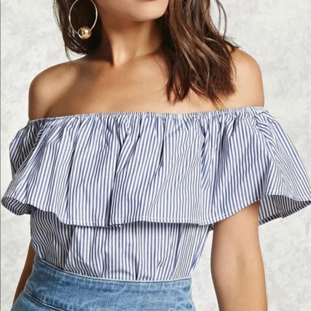 Striped blue white bodysuit with button closure. Size Medium.